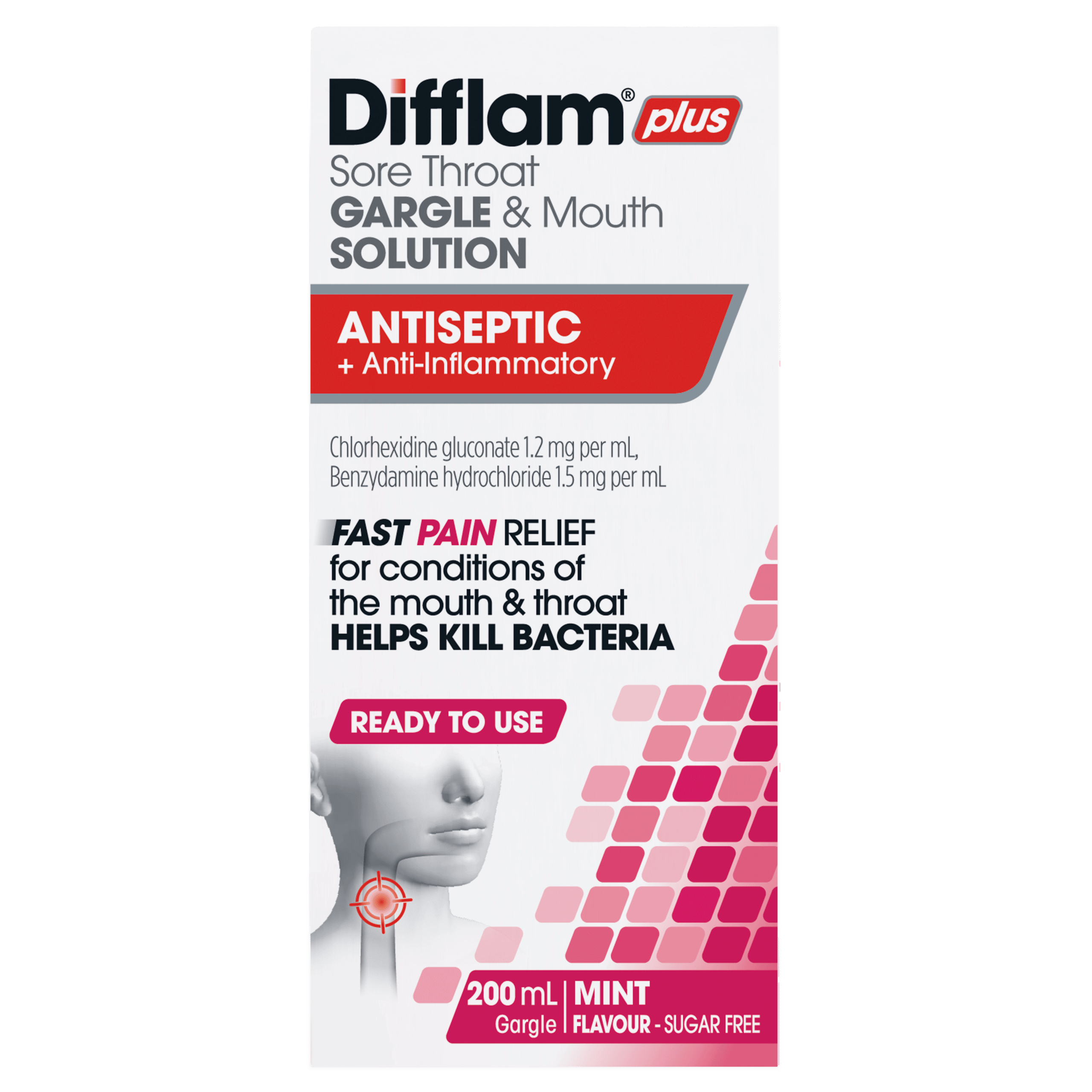 Difflam Plus Sore Throat Gargle & Mouth Solution Antiseptic + Anti-inflammatory 200ml Difflam Plus Anti-Inflammatory Antiseptic Solution 200ml