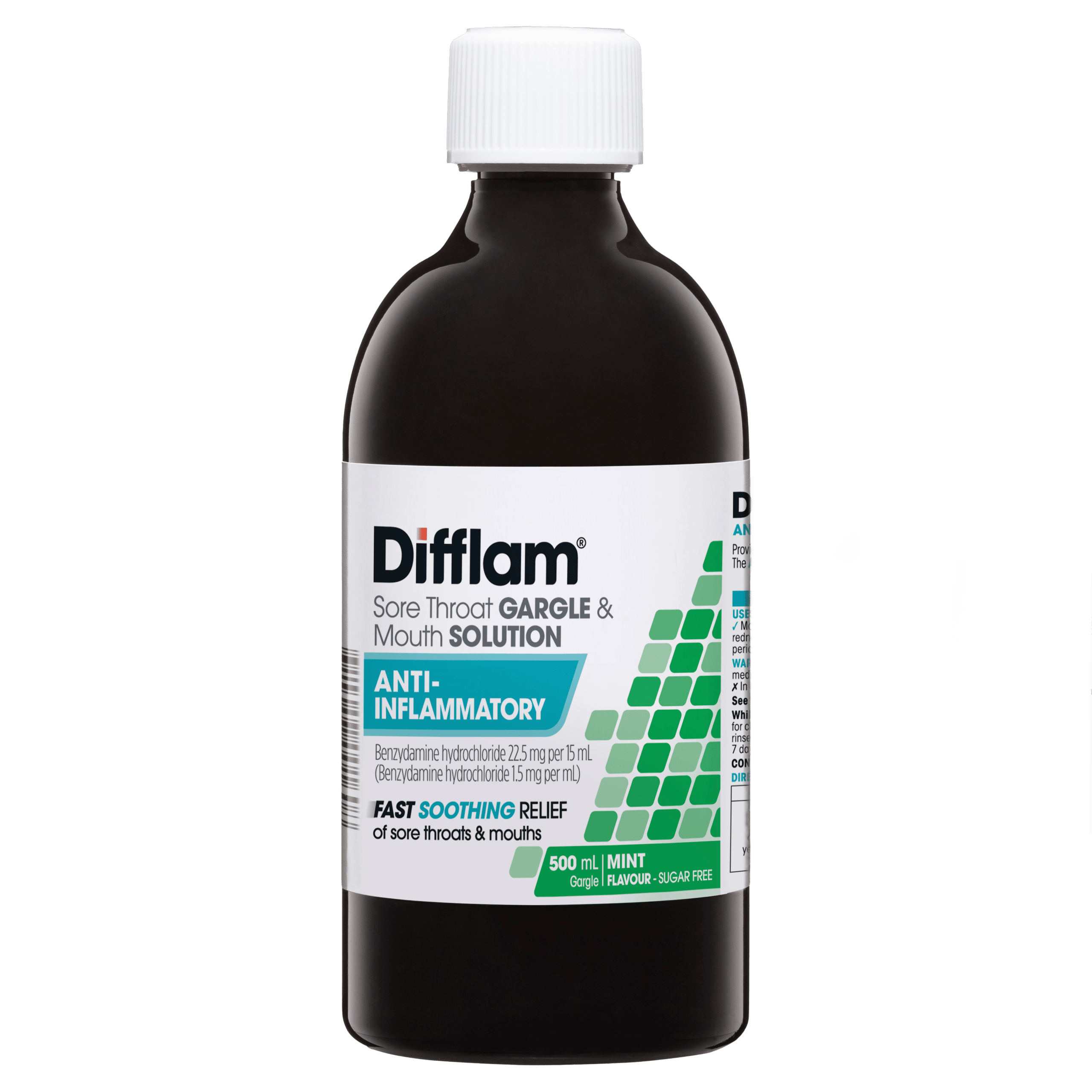 Difflam Sore Throat Gargle & Mouth Solution Anti-Inflammatory Difflam Sore Throat Gargle & Mouth Solution 500ml front of bottle
