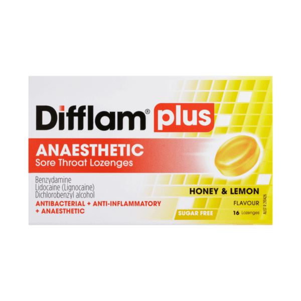 Difflam Plus Anaesthetic + Antibacterial + Anti-inflammatory Lozenges Honey Lemon Flavour