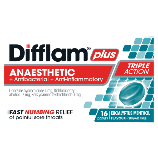 Difflam Plus Anaesthetic + Antibacterial + Anti-inflammatory Lozenges Eucalyptus Menthol Flavour
