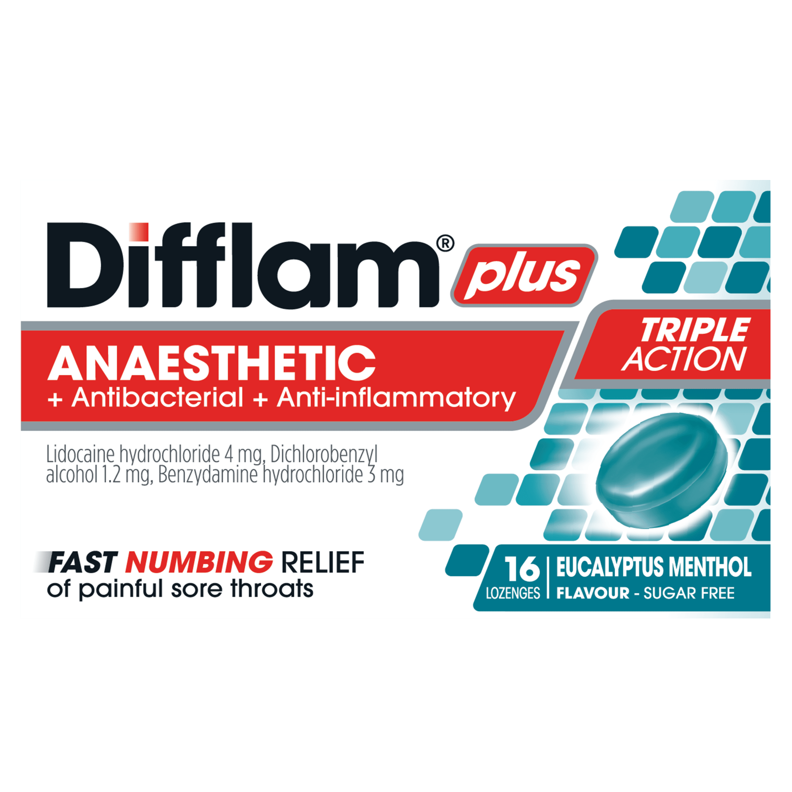 Difflam Plus Anaesthetic + Antibacterial + Anti-Inflammatory Triple Action Eucalyptus Menthol Lozenges Difflam Plus Anaesthetic Sore Throat Lozenges Eucalyptus Flavour product image