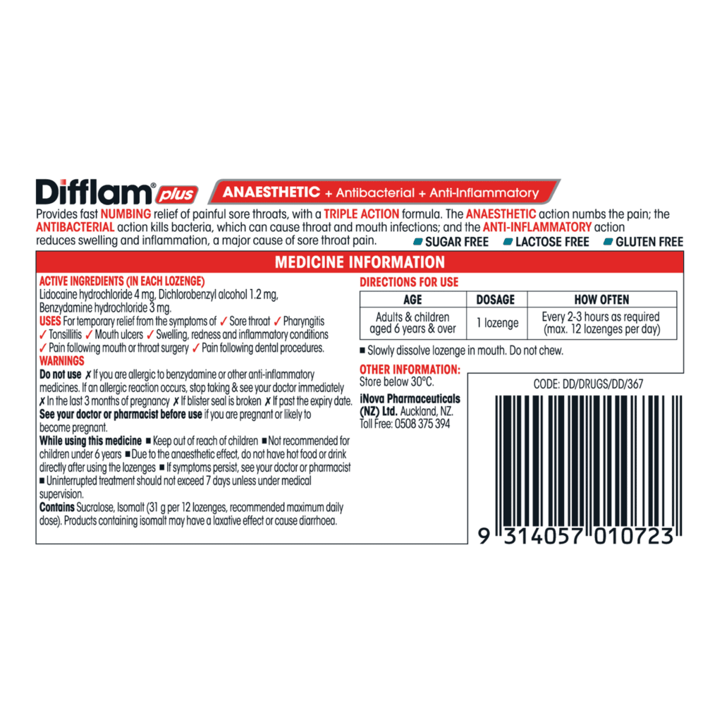 Difflam Plus Anaesthetic + Antibacterial + Anti-inflammatory Lozenges Eucalyptus Menthol Flavour