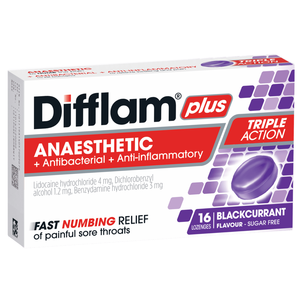 Difflam Plus Anaesthetic + Antibacterial + Anti-inflammatory Lozenges Blackcurrant Flavour