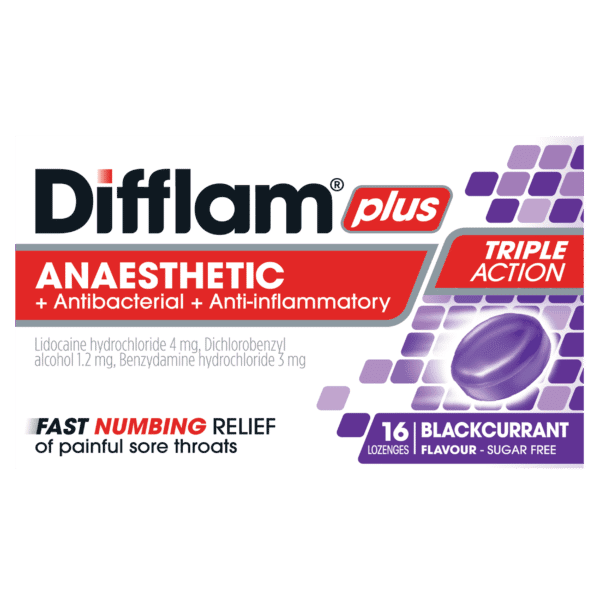 Difflam Plus Anaesthetic + Antibacterial + Anti-inflammatory Lozenges Blackcurrant Flavour