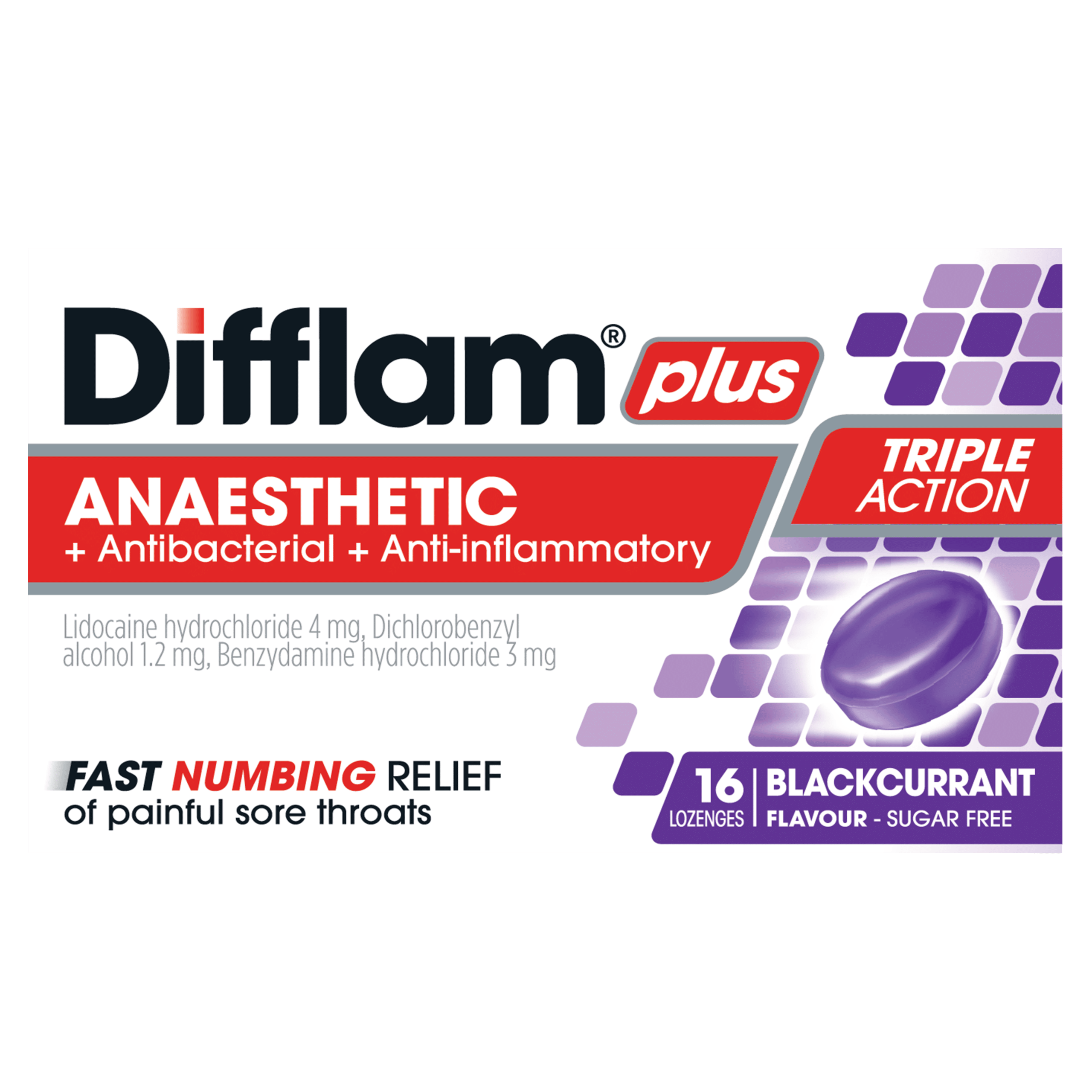Difflam Plus Anaesthetic + Antibacterial + Anti-Inflammatory Triple Action Blackcurrant Lozenges Difflam Plus Anaesthetic Sore Throat Lozenges Blackcurrant front of packaging
