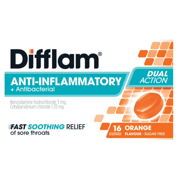 DIFFLAM ANTI-INFLAMMATORY + Antibacterial DUAL ACTION ORANGE LOZENGES