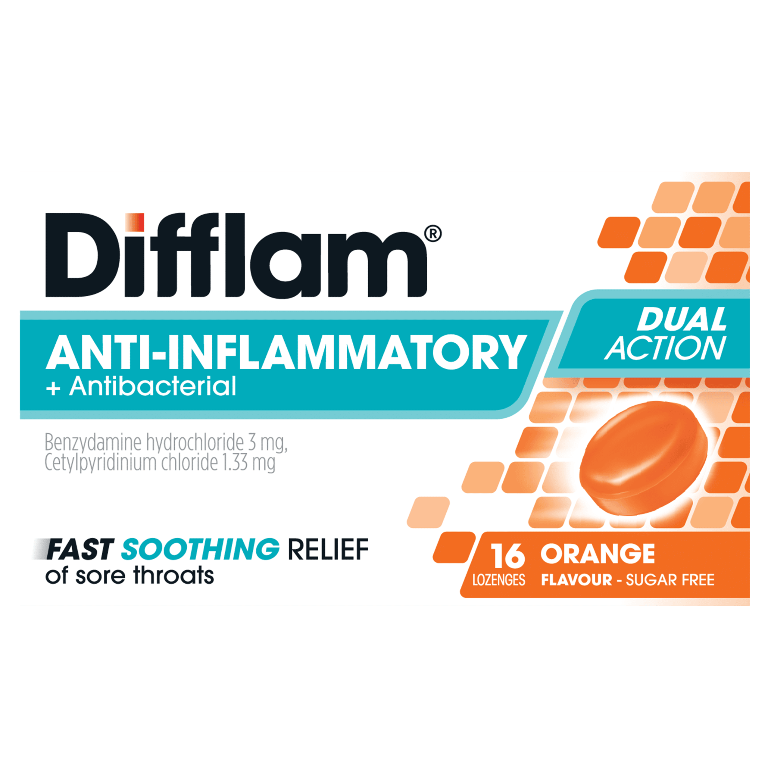 Difflam Anti-Inflammatory + Antibacterial Dual Action Orange Lozenges Difflam Anti-Inflammatory + Antibacterial Dual Action Orange Lozenges front of packaging