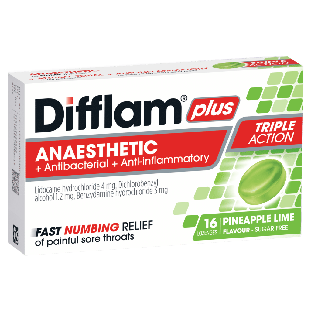 DIFFLAM PLUS ANAESTHETIC + Antibacterial + Anti-inflammatory TRIPLE ACTION PINEAPPLE LIME LOZENGES