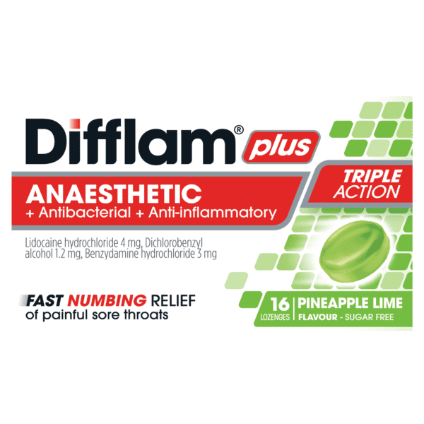 Difflam Plus Anaesthetic + Antibacterial + Anti-inflammatory Lozenges Pineapple Lime Flavour