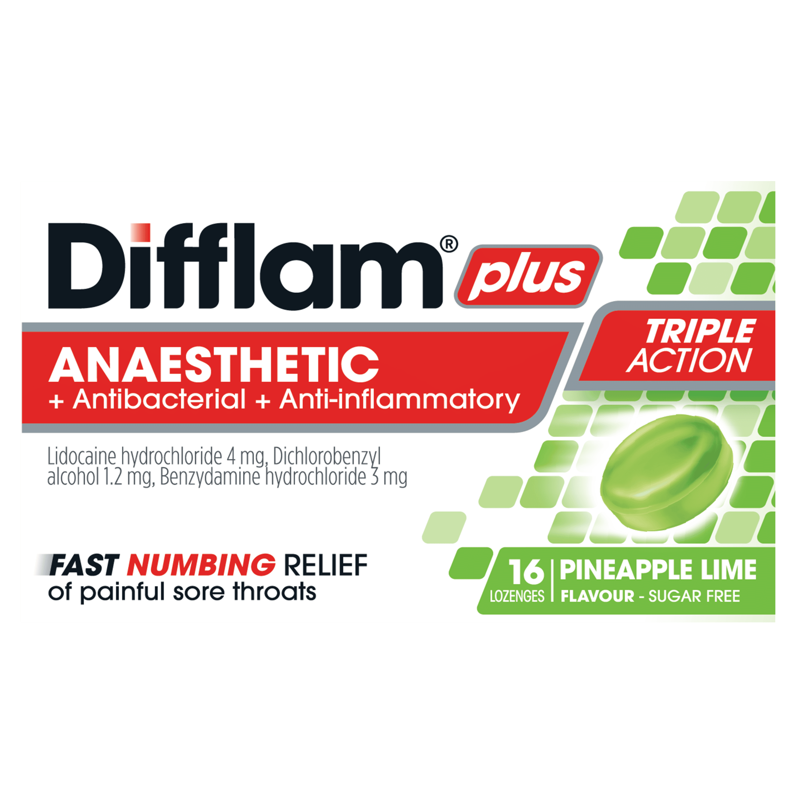 Difflam Plus Anaesthetic Sore Throat Lozenges Pineapple Lime front packaging
