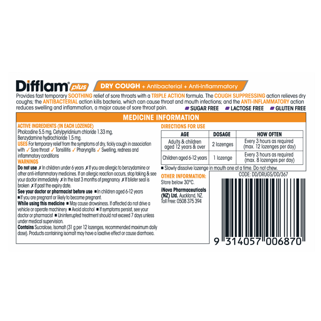 DIfflam Plus Dry Cough + Antibacterial + Anti-inflammatory Lozenges Blackcurrant
