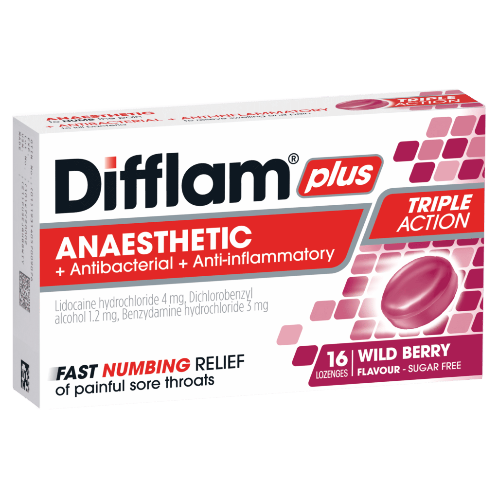 Difflam Plus Anaesthetic + Antibacterial + Anti-inflammatory Lozenges Wild Berry Flavour