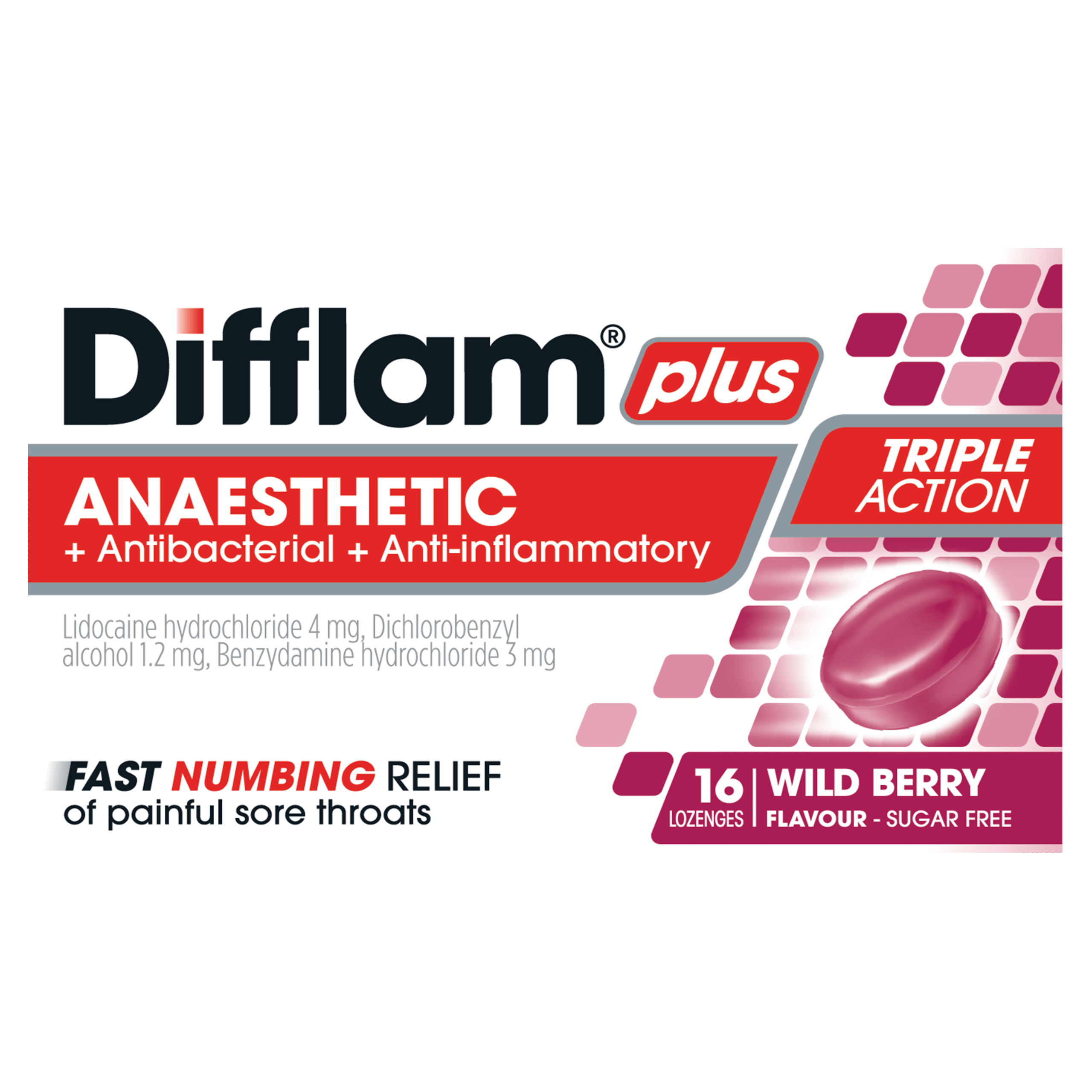 Difflam Plus Anaesthetic + Antibacterial + Anti-Inflammatory Triple Action Wild Berry Lozenges product image