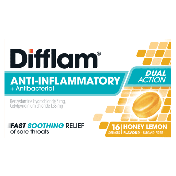 Difflam Anti-inflammatory + Antibacterial Lozenges Honey Lemon Flavour