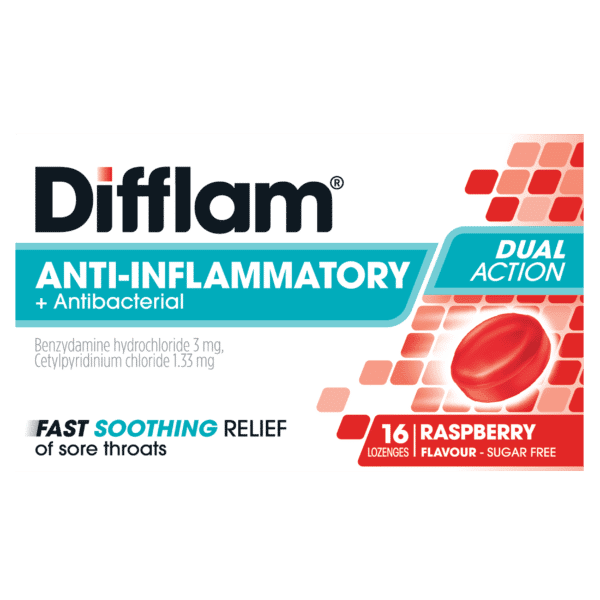 DIFFLAM ANTI-INFLAMMATORY + Antibacterial DUAL ACTION RASPBERRY LOZENGES