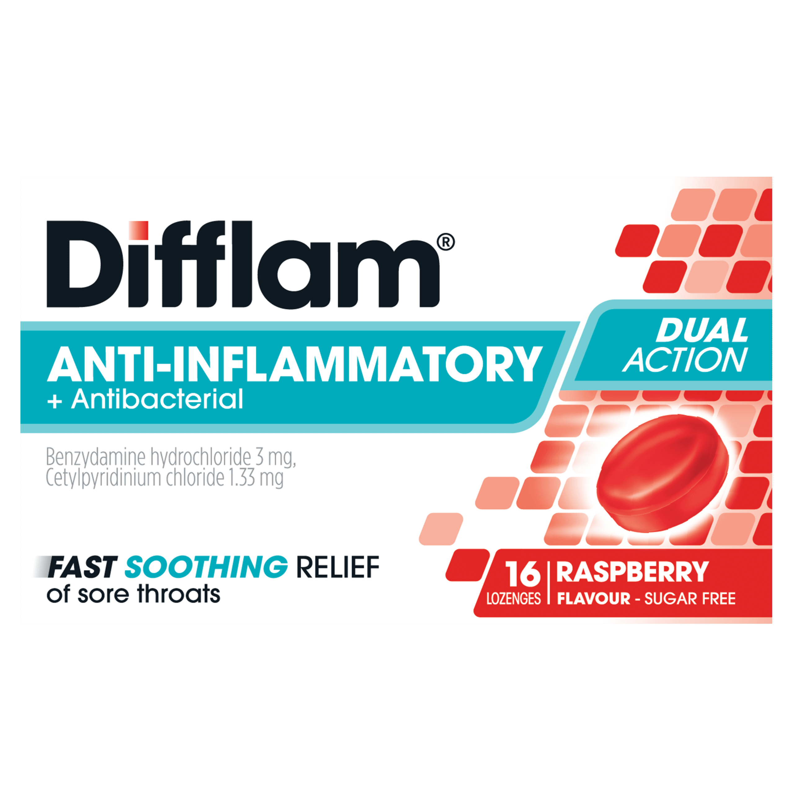 Difflam Anti-Inflammatory + Antibacterial Dual Action Raspberry Lozenges Difflam Sore Throat Lozenges Sugar Free Raspberry 16s front of packaging