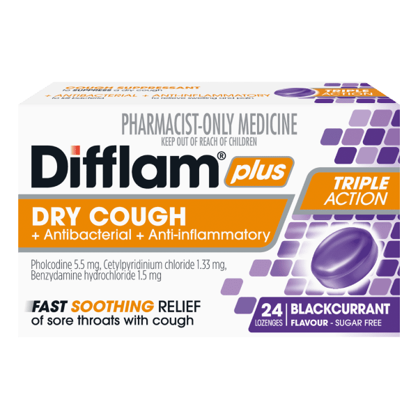 DIFFLAM PLUS DRY COUGH + Antibacterial <br>+ Anti-inflammatory TRIPLE ACTION BLACKCURRANT LOZENGES