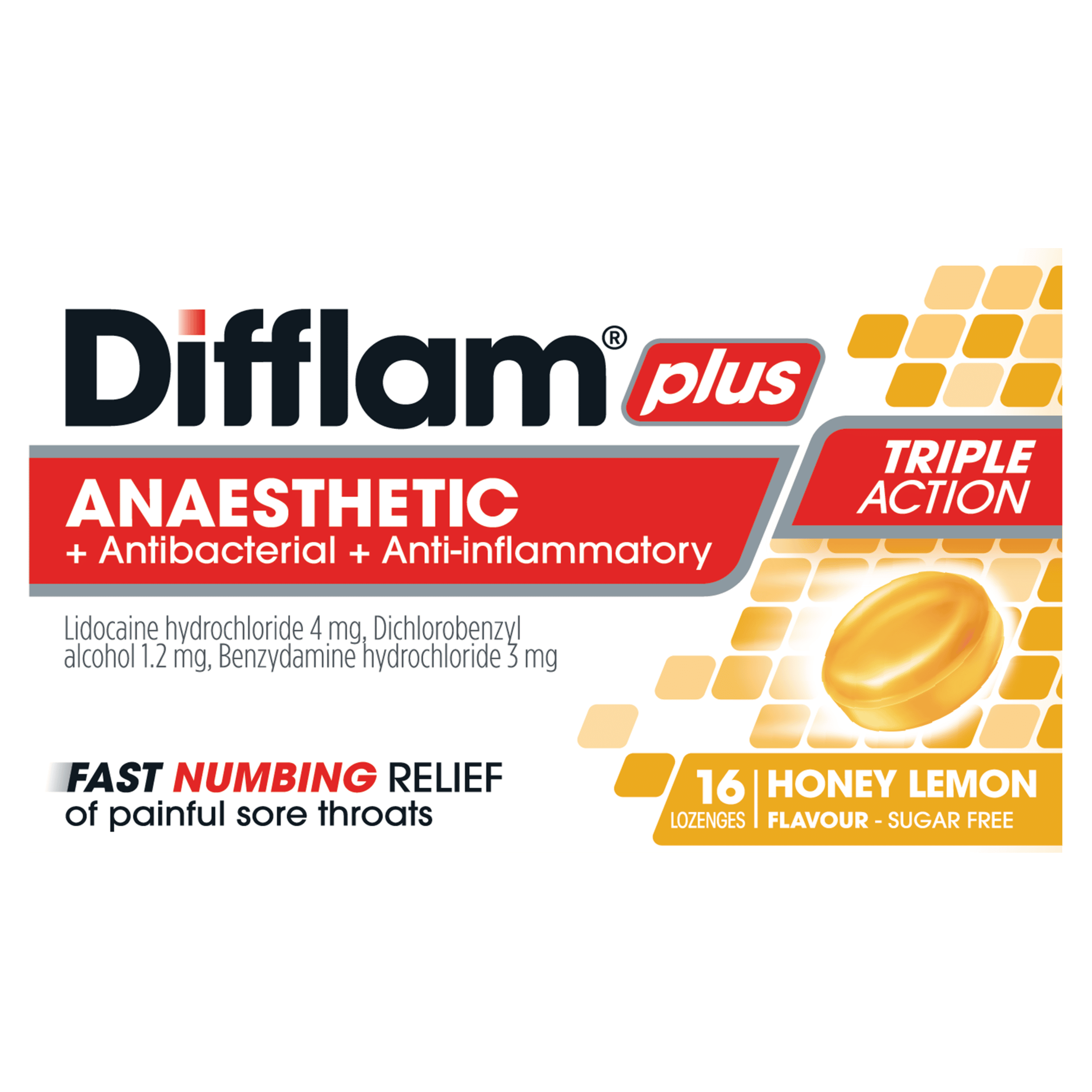 Difflam Plus Anaesthetic + Antibacterial + Anti-inflammatory Triple Action Honey Lemon Lozenges 16s