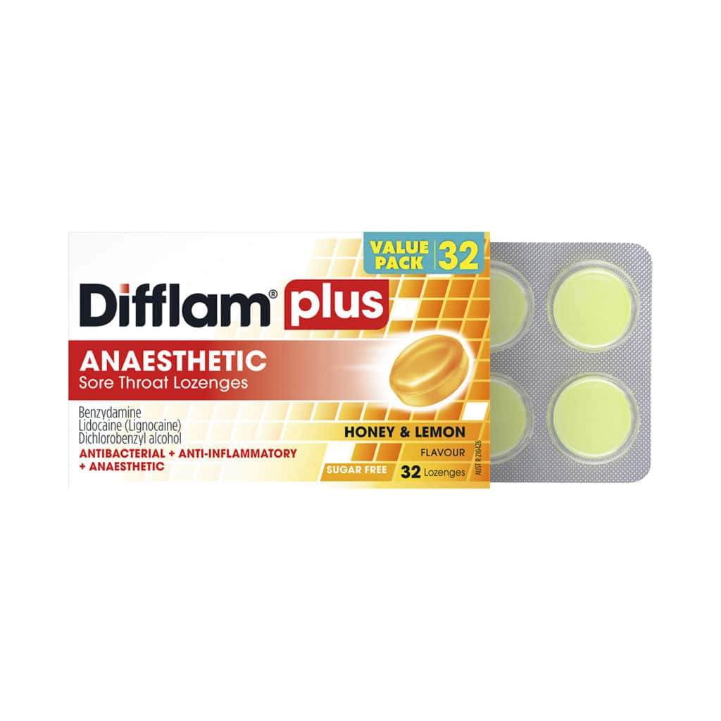 Difflam Plus Anaesthetic + Antibacterial + Anti-inflammatory Lozenges Honey Lemon Flavour