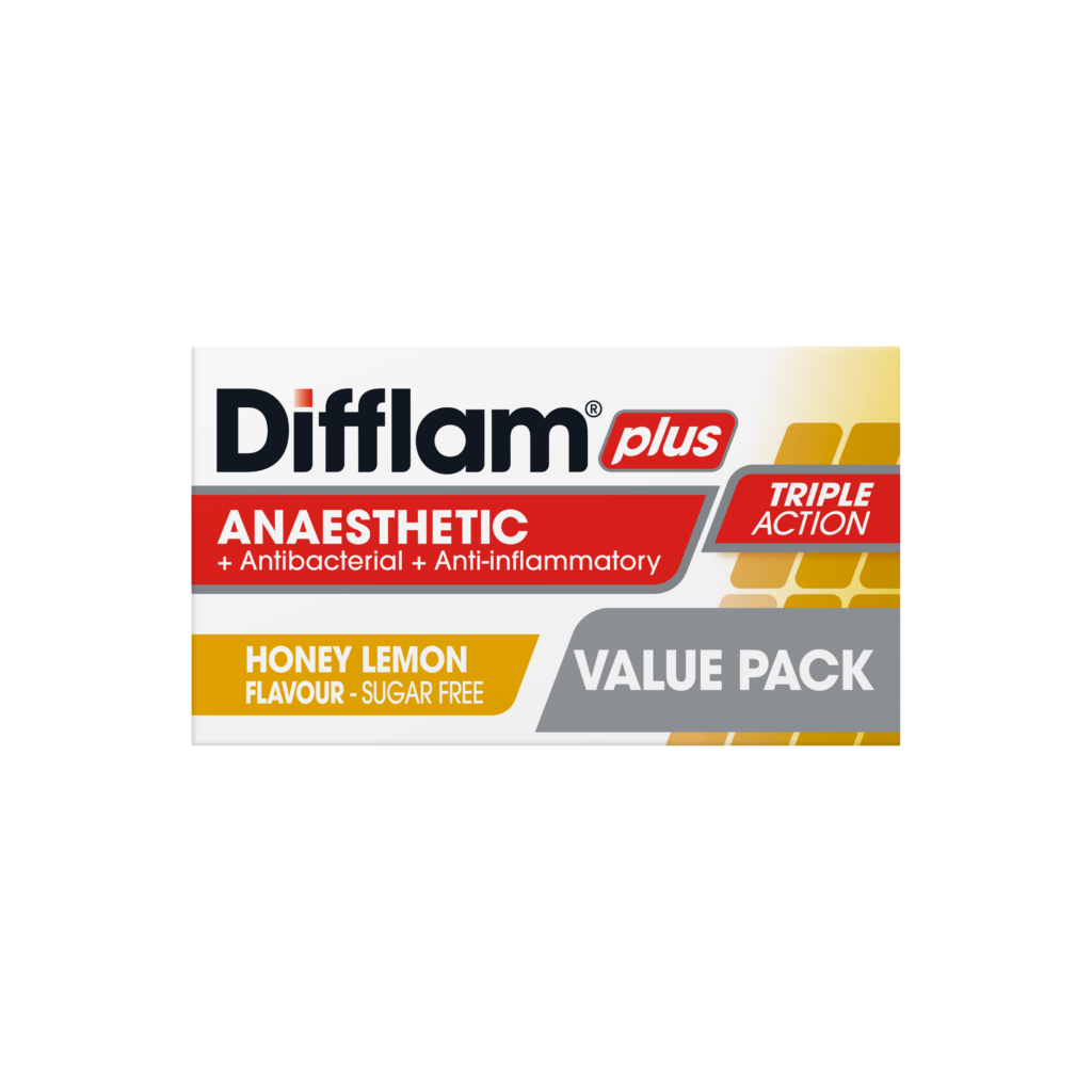 DIFFLAM PLUS ANAESTHETIC + Antibacterial + Anti-inflammatory TRIPLE ACTION HONEY LEMON LOZENGES 32s
