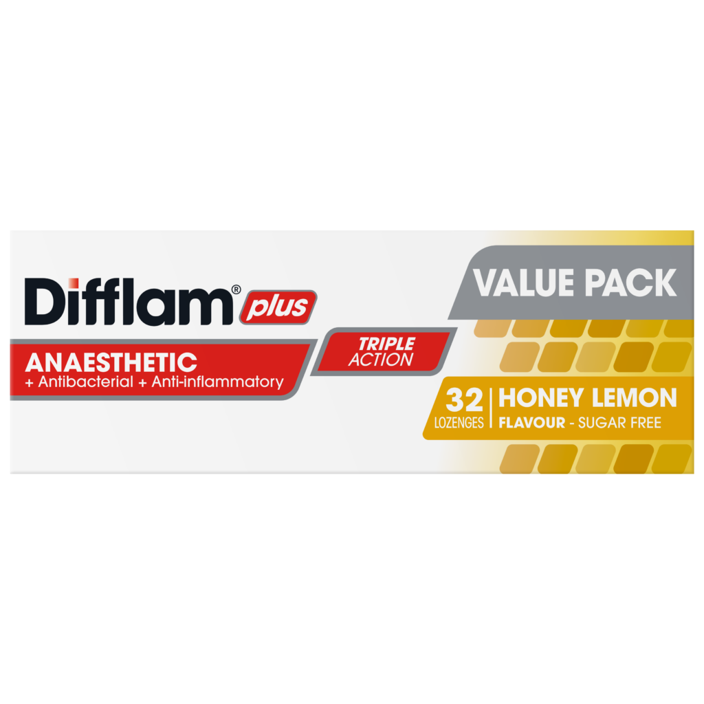 DIFFLAM PLUS ANAESTHETIC + Antibacterial + Anti-inflammatory TRIPLE ACTION HONEY LEMON LOZENGES 32s
