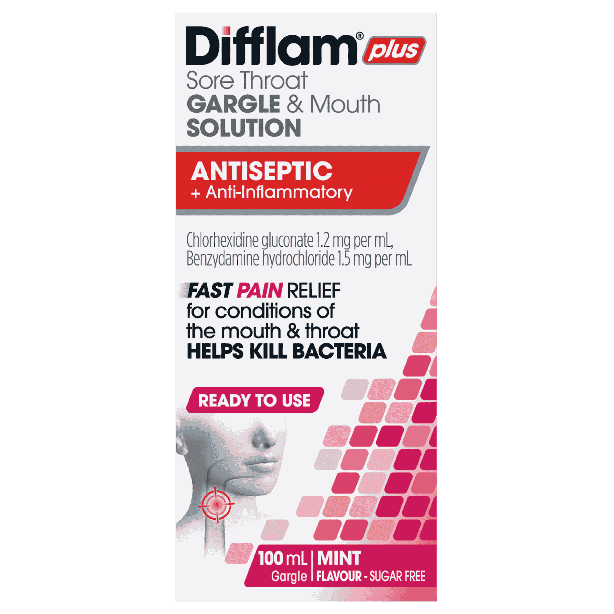 Difflam Plus Sore Throat Gargle & Mouth Solution Antiseptic + Anti-inflammatory front of packaging