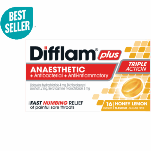 Difflam Plus Anaesthetic + Antibacterial + Anti-Inflammatory Triple Action Honey Lemon Lozenges