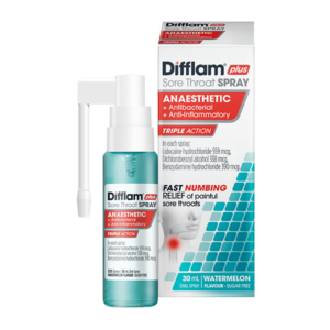 Difflam Plus Anaesthetic Sore Throat Spray 2d front of packaging nozzle down