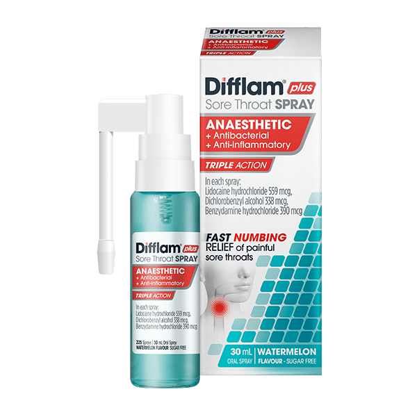 DIFFLAM plus Sore Throat SPRAY <br>ANAESTHETIC + Antibacterial + Anti-Inflammatory