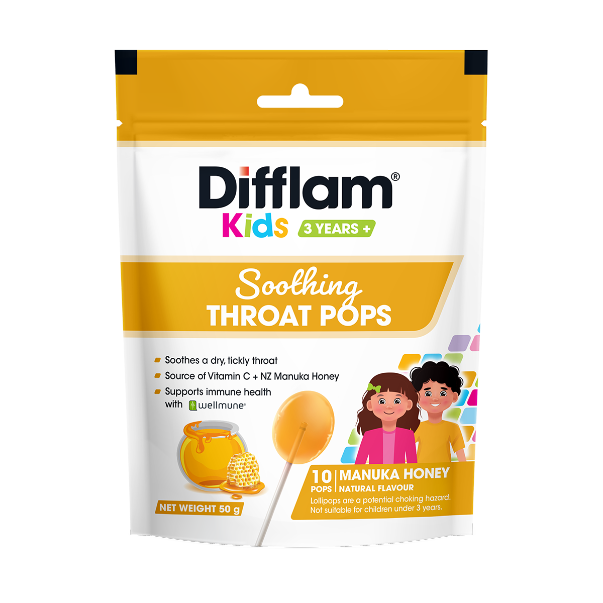 Difflam® Kids Soothing Throat Pops Manuka Honey front of packaging