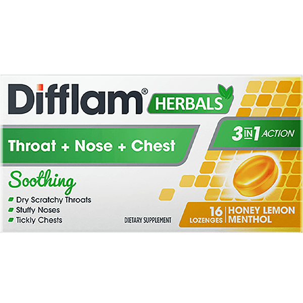 Difflam Herbals 3-in-1 Action - Throat + Nose + Chest Lozenges Honey Lemon Menthol 2d front packaging version 1