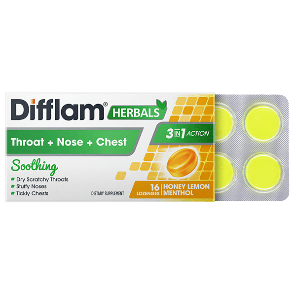 DIFFLAM Herbals 3-in-1 Action - Throat + Nose + Chest Lozenges Honey Lemon Menthol 16s