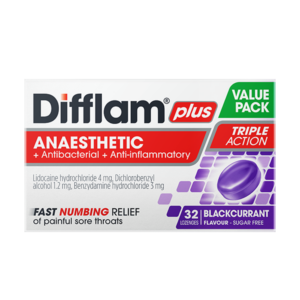 Difflam Plus Anaesthetic + Antibacterial + Anti-inflammatory Triple Action Blackcurrant Lozenges 32s front of packaging
