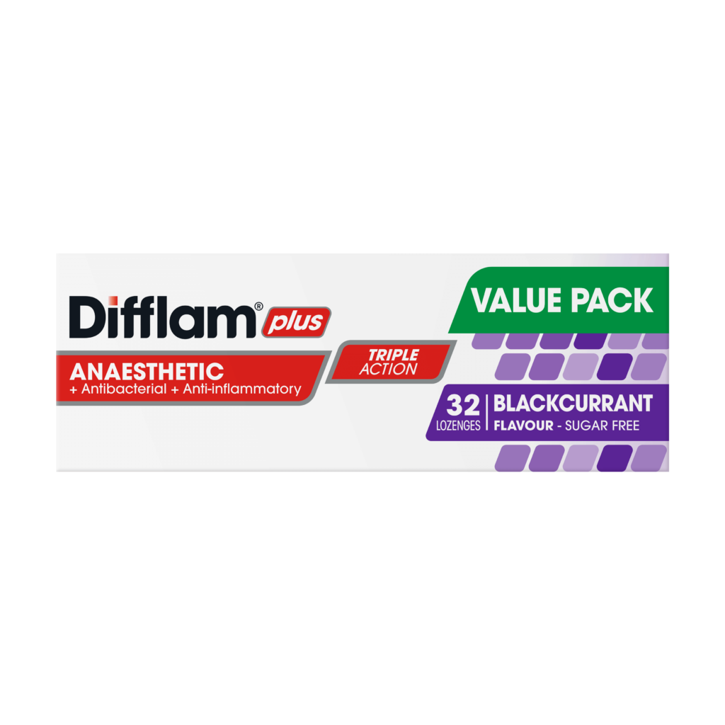 DIFFLAM PLUS ANAESTHETIC + Antibacterial + Anti-inflammatory TRIPLE ACTION BLACKCURRANT LOZENGES 32s