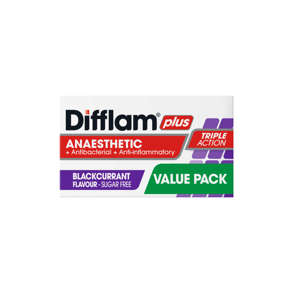 DIFFLAM PLUS ANAESTHETIC + Antibacterial + Anti-inflammatory TRIPLE ACTION BLACKCURRANT LOZENGES 32s