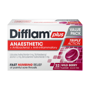 Difflam Plus Anaesthetic + Antibacterial + Anti-inflammatory Triple Action Wild Berry Lozenges 3d product image