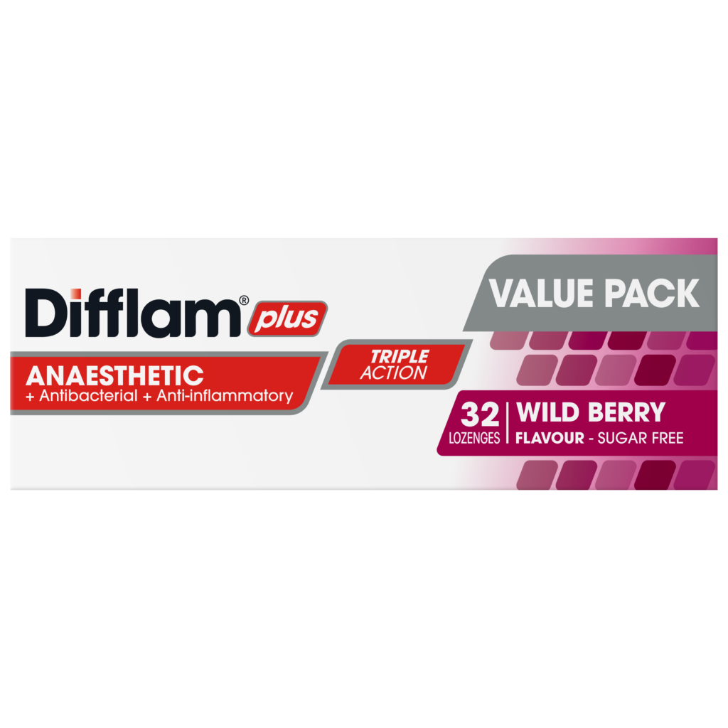DIFFLAM PLUS ANAESTHETIC + Antibacterial + Anti-inflammatory TRIPLE ACTION WILD BERRY LOZENGES 32s