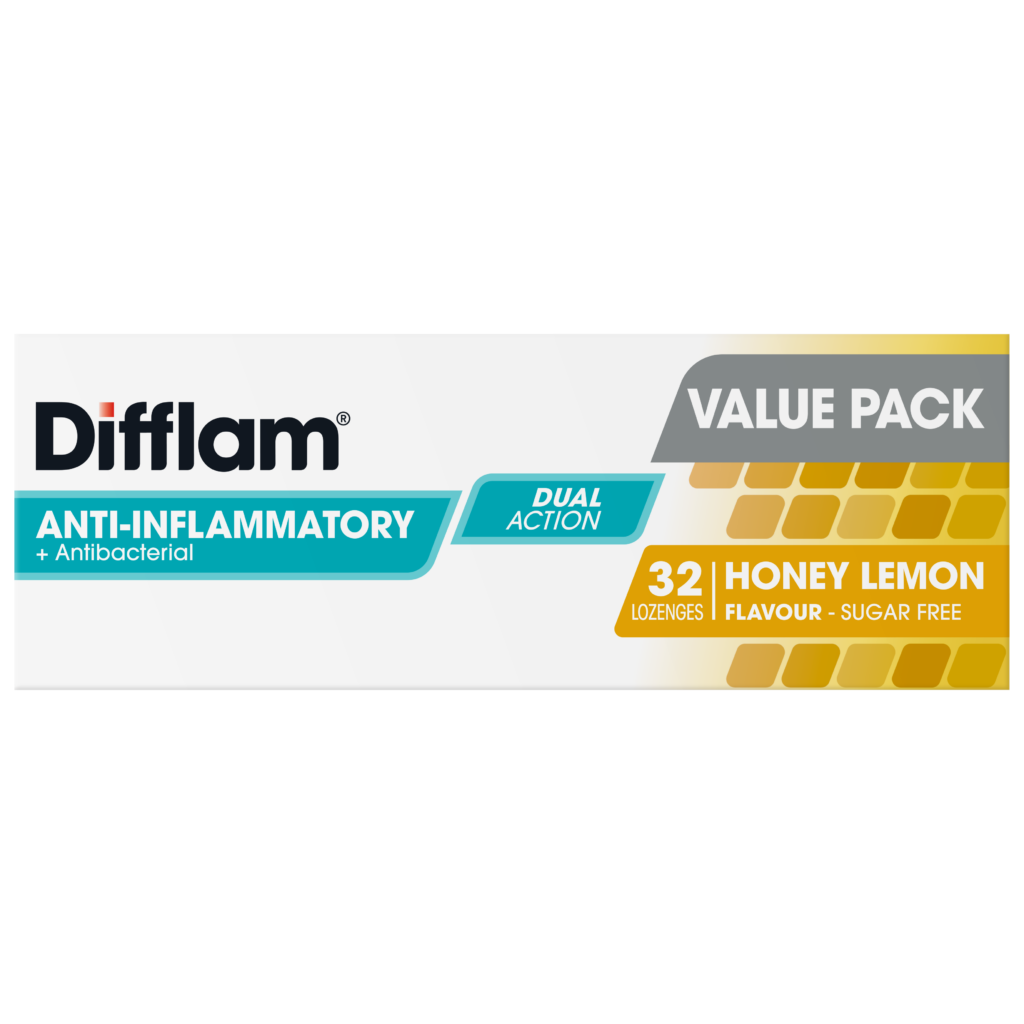 DIFFLAM ANTI-INFLAMMATORY + Antibacterial DUAL ACTION HONEY LEMON LOZENGES 32s